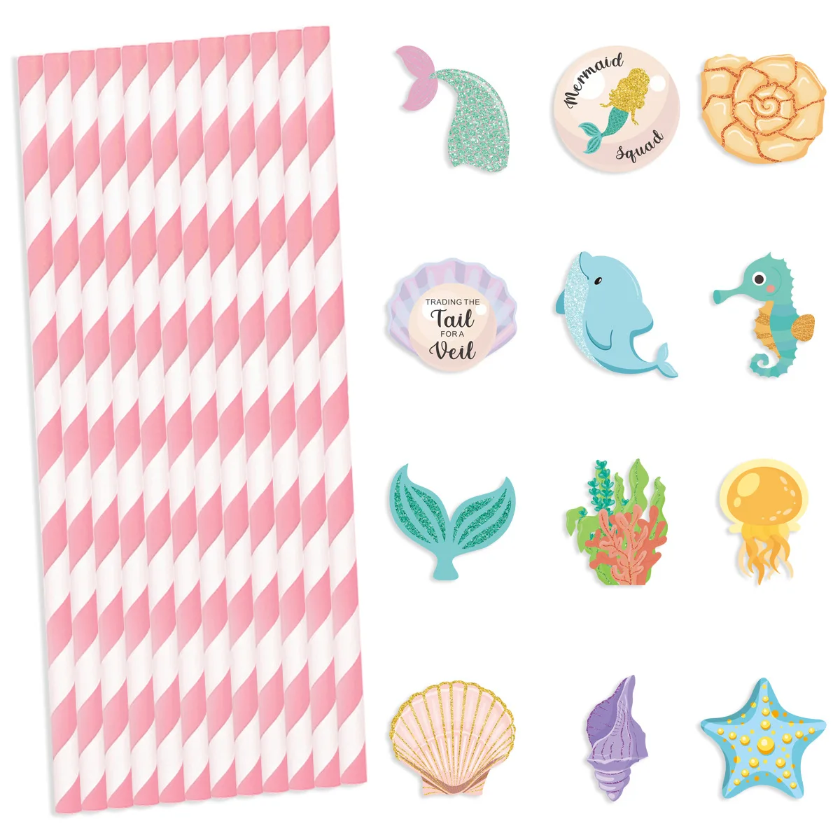 12pcs Mermaid Paper Straw Disposable Straw Pink Striped Cartoon Pattern Juice Decor Mermaid Theme Party Birthday Decor Supplies