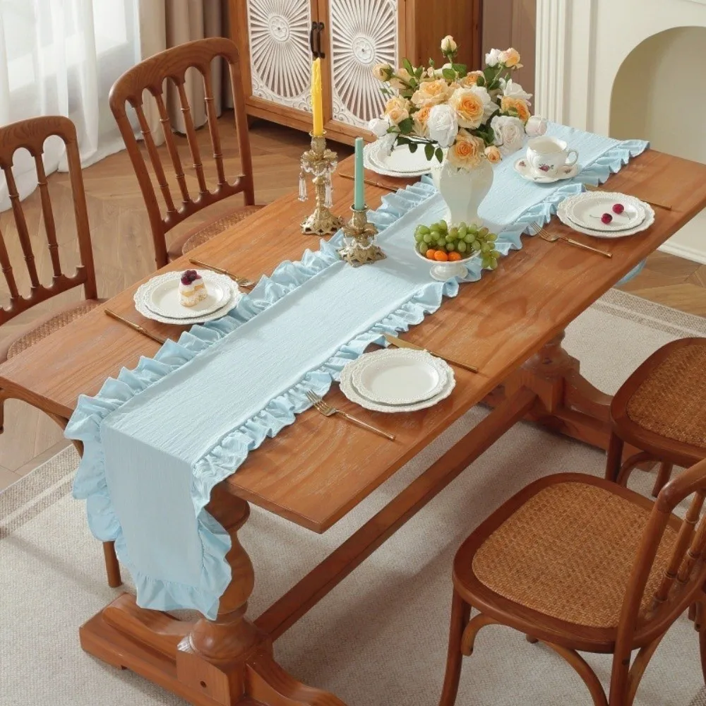 35x180cm Ruffled Edge Table Runner Solid Color Ruffled Edge Rectangular Table Runner Cotton Anti Slip Table Decoration Runner