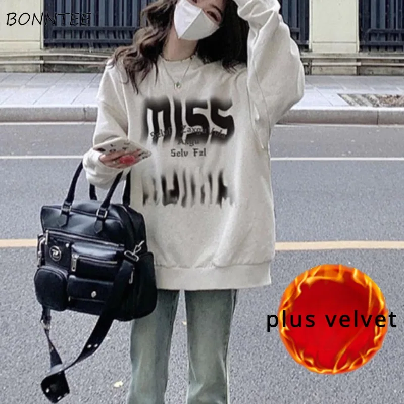 

No Hat Hoodies Women O-neck Letter Print High Street Vintage American Style Plus Velvet Thicker All-match Loose Leisure Autumn