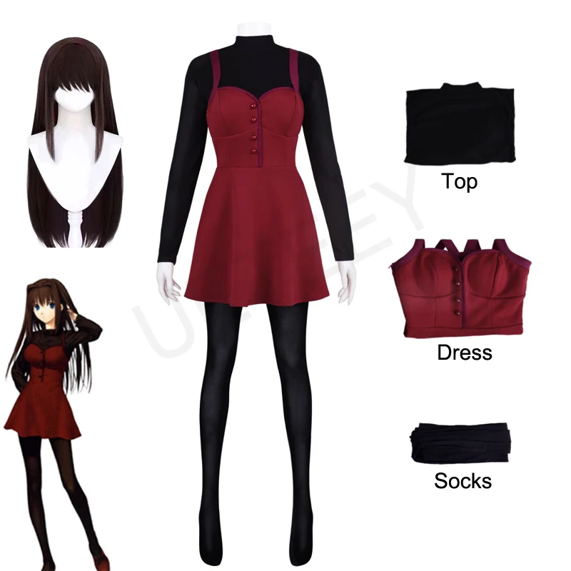 

Aozaki Aoko Cosplay Costume For Halloween Carnival Party Witch on the Holy Night Anime 2D Disguise Outfit Black Top Red Dress
