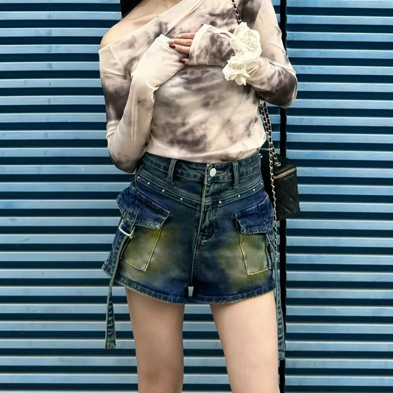 2000s Korean Style Denim Workwear Shorts Y2k Girls Gothic Aesthetic Jorts Newjeans Women Fashion Vintage Emo Baggy Jeans Female