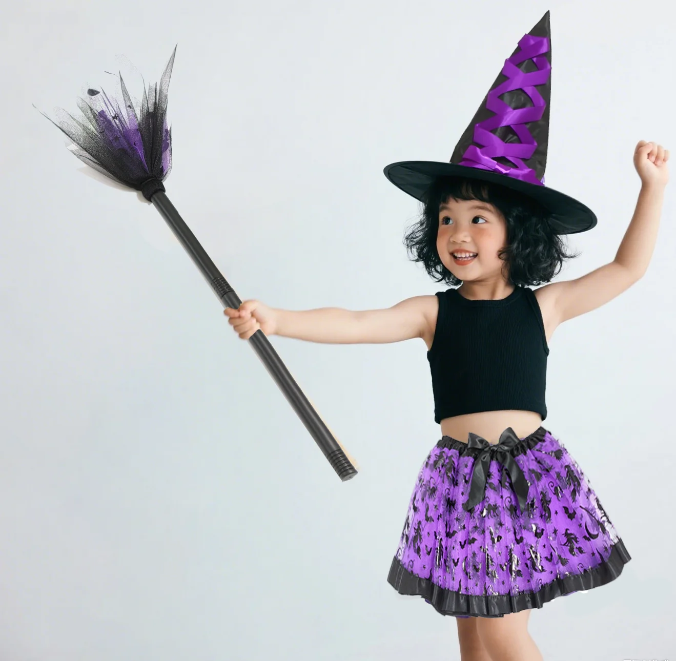 Halloween Witch Tutu Set for Kids Purple bat - themed tutu, black witch hat with purple accents and a Broom Perfect for parties
