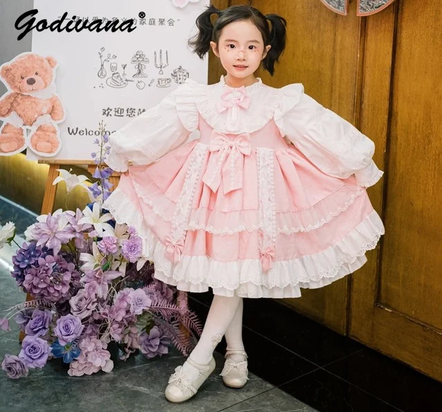 Kids French Sweet High End Pink Lolita Princess Dress Girls Spring and Autumn Lace Ruffle Trim Bow Birthday Party Cake Dresses