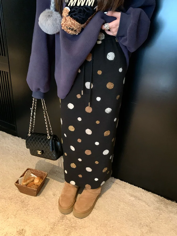 

Шерстяная юбка в горошек с высокой талией, прямого кроя, с вышивкой, весна-осень, женская, для офиса