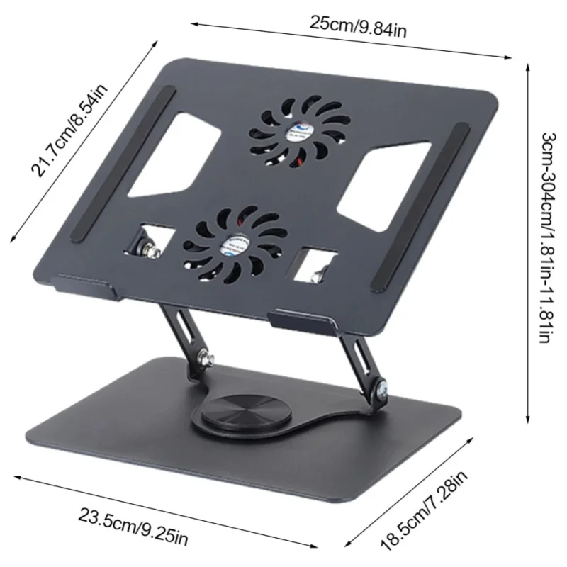 Czarny stojak ze stopu aluminium 360 ° Obrotowy uchwyt z 2 wentylatorami chłodzącymi, ergonomiczna konstrukcja do laptopa/tabletu. — 2