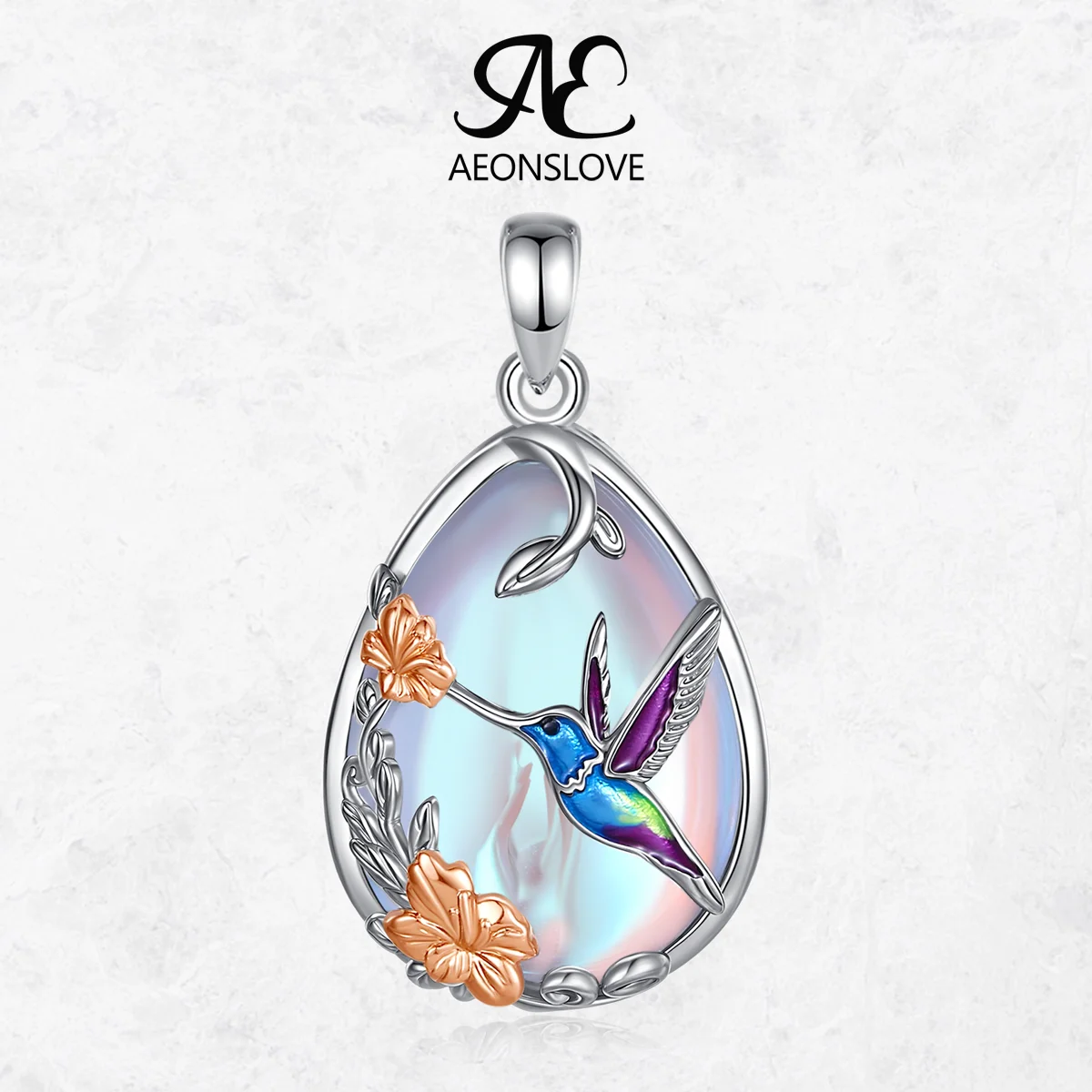 

AEONSLOVE Moonstone Hummingbird Flower Necklace Vintage Enamel Bird Pendant Spiritual Jewelry Mother's Day Gift for Women Mom