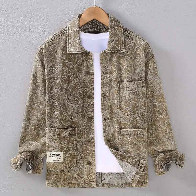 Jaket kasual Jacquard Weave kepribadian Vintage pria, mantel kerah Lapel nyaman saku literatur semua Cocok musim semi longgar