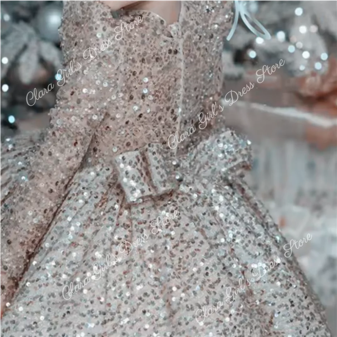 Великолепное платье с цветочным узором для девочек с блестками и длинными рукавами, пышное детское праздничное платье для девочек на свадьбу, день рождения, вечеринку, первое причастие