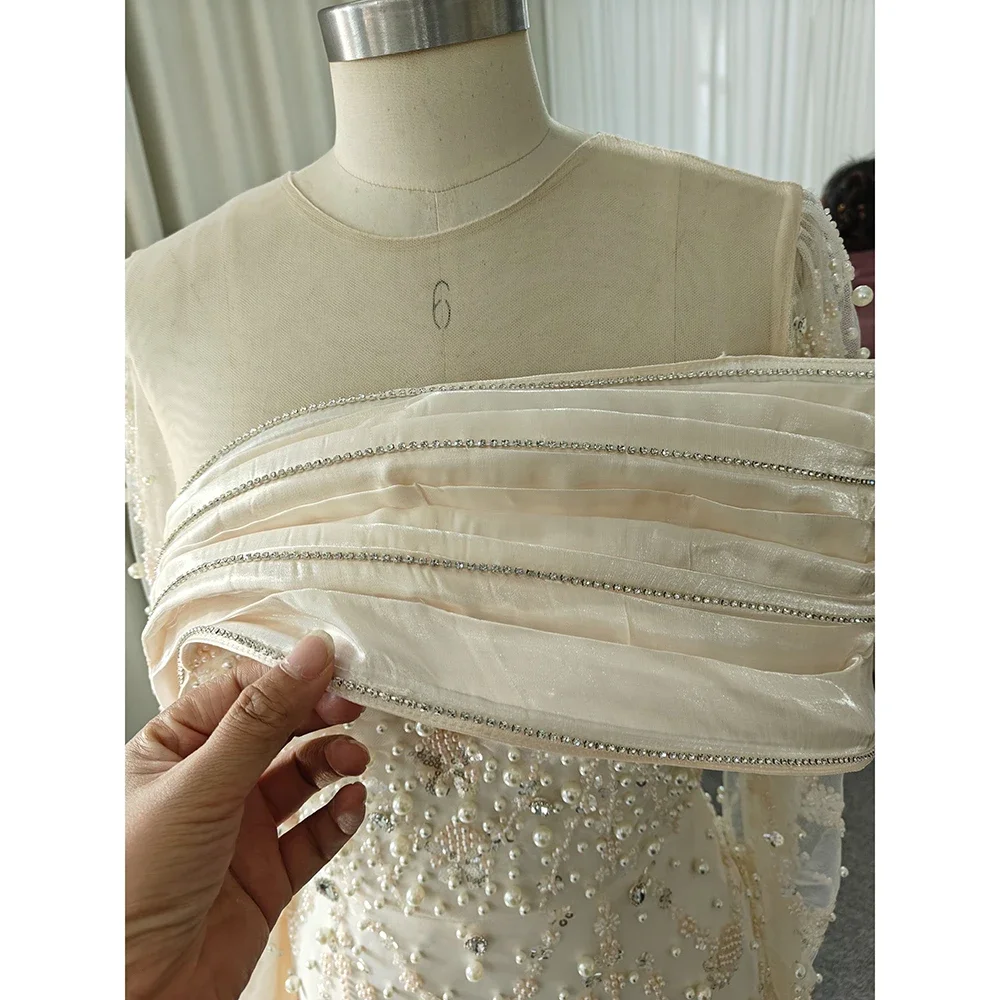 Customized Luxury Nude Crystal Mermaid Evening Dress with Overskirt Long Sleeves Dubai Arabic Wedding Formal Prom Gowns