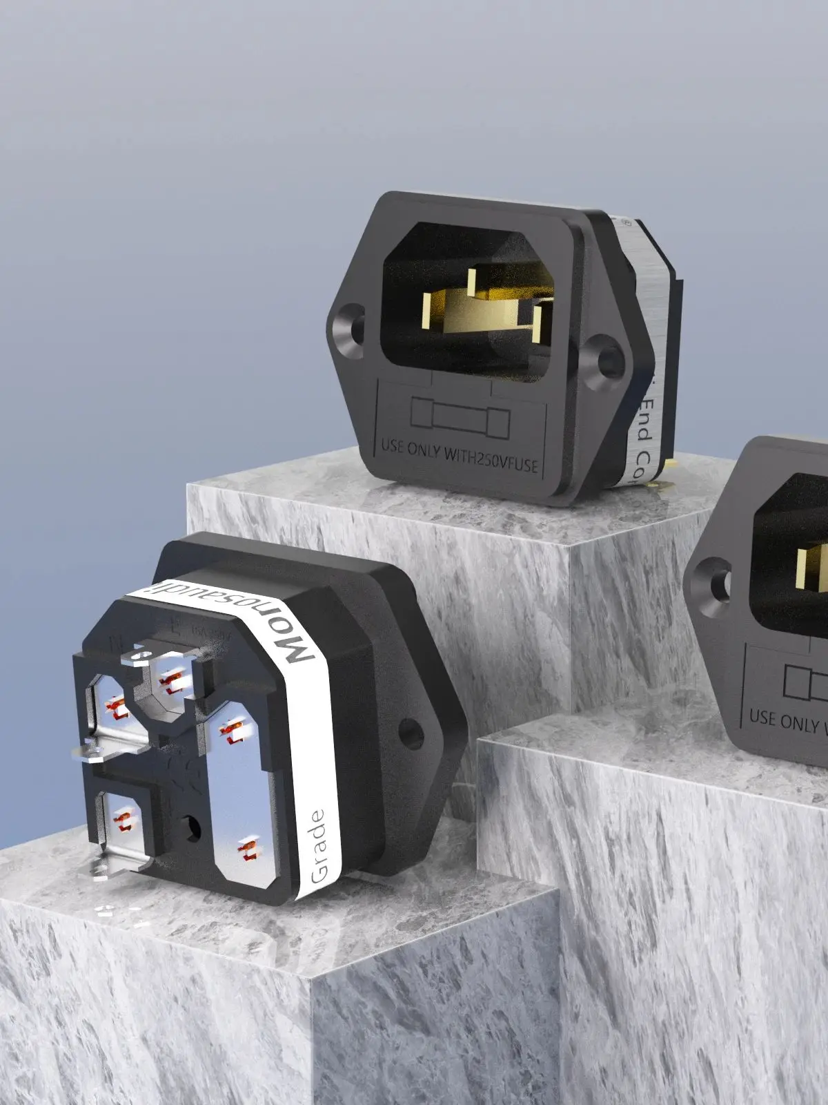 Monosaudio IF76G/R Gniazdo IEC 320 C14 z czystej miedzi, z bezpiecznikiem, pozłacane 24K złotem, 2-biegunowe + uziemienie, złącze wejściowe z uchwytem na bezpiecznik — zdjęcie produktu 7