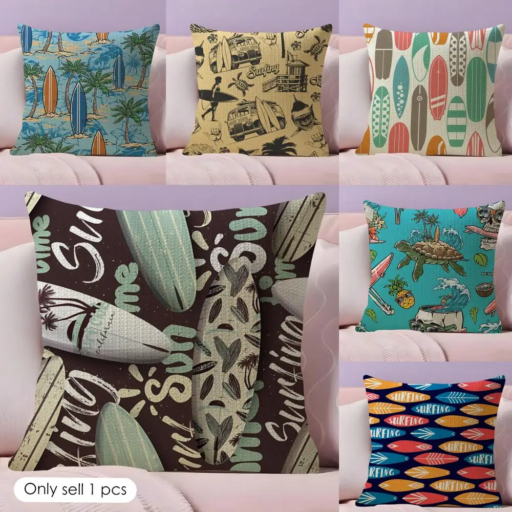 Surfing Pattern Cushion Cover Natural Linen Pillow Cover Double-Sided Print Cushion Cover for Sofa Home Decor