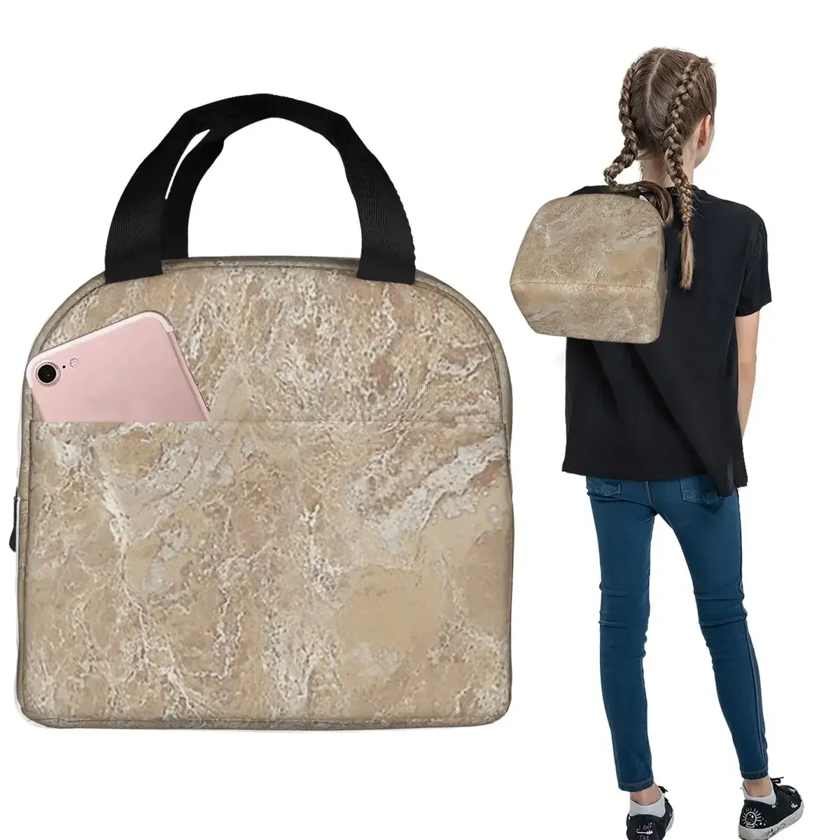 Contemporary Cream Beige Sand Stone Granite Marbl Insulated Lunch Bag for Women Children Food Boxes Thermal Lunch Box Tote