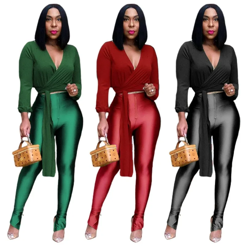 

Sexy 2 Piece Set for Women - Long Sleeve Wrap Crop Top & High Waist Metallic Pants 2026 Summer Night Club Party Vacation Outfit