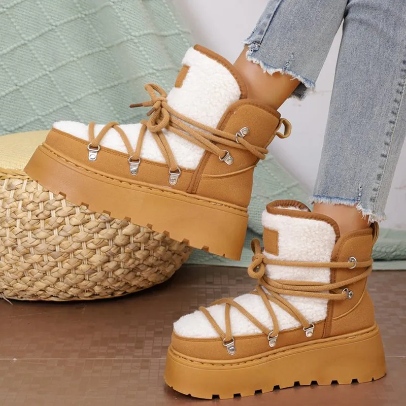2025 ماركة الشتاء سميكة سوليد عبر التعادل الثلوج الأحذية سميكة منتصف طول الدافئة المرأة الدانتيل يصل تصميم لينة الدافئة أفخم حذاء من الجلد