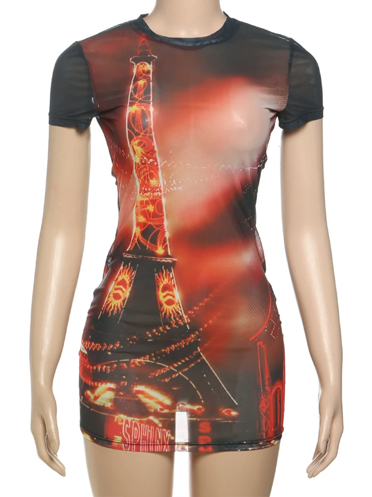 Nibber セクシーなタワープリントシースルードレス女性ショートパンツスリーブ o ネックコケット夏のトレンドタイトストレッチミッドナイトミニボディコン