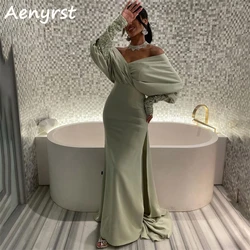 Aenyrst Green Off Shoulder V Neck Evening Gowns customized Satin Long Sleeves Sequin Prom Dress Floor Length Formal Party Gowns