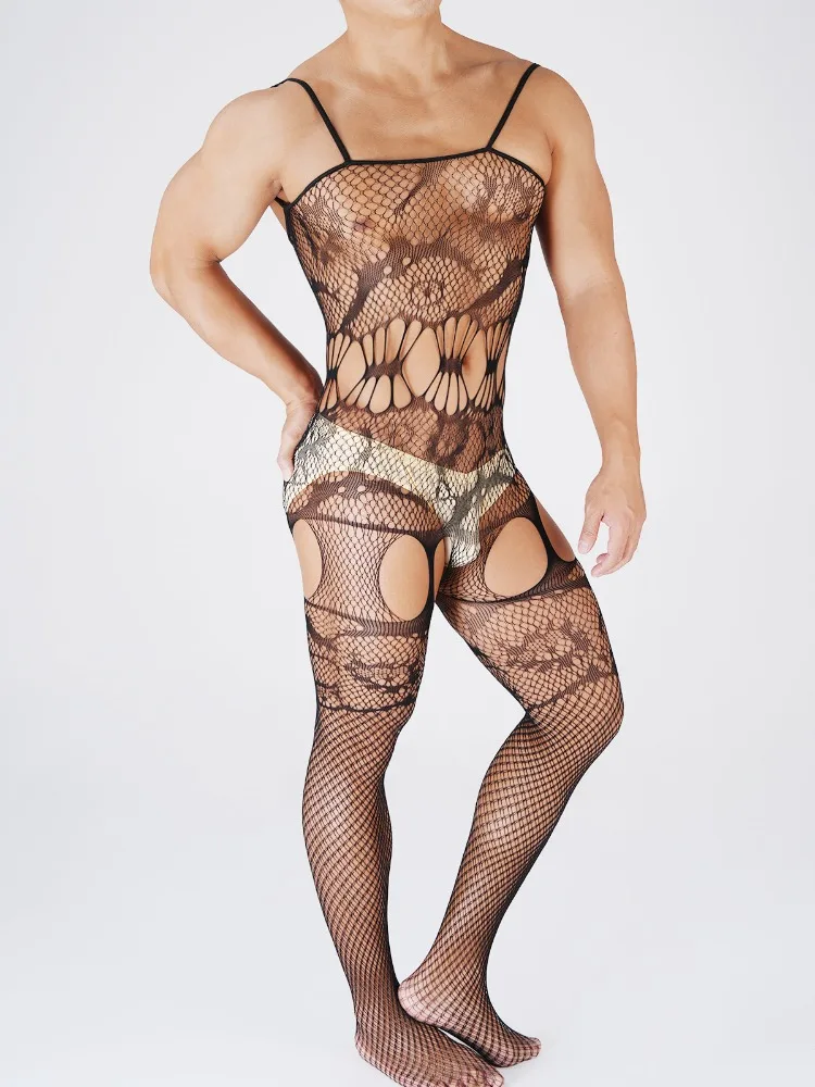

Sissy Lingerie Men Fishnet Bodystocking Suspenders Bodysuit Sexy Tights One Piece Nightgown Lace Jumpsuit Rave Outfits Pantyhose