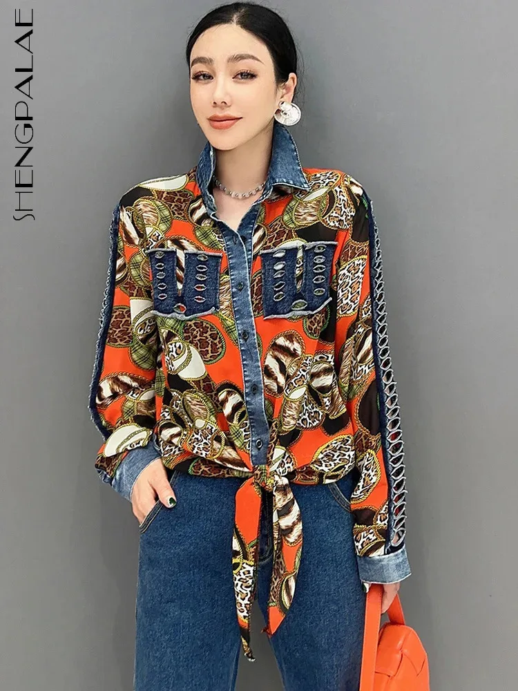 SHENGPALAE Denim Patchwork Chiffon Shirt With Tie Up 2024 Spring Summer Fashion Casual Loose Elegant Women's Clothes Top 5R9738