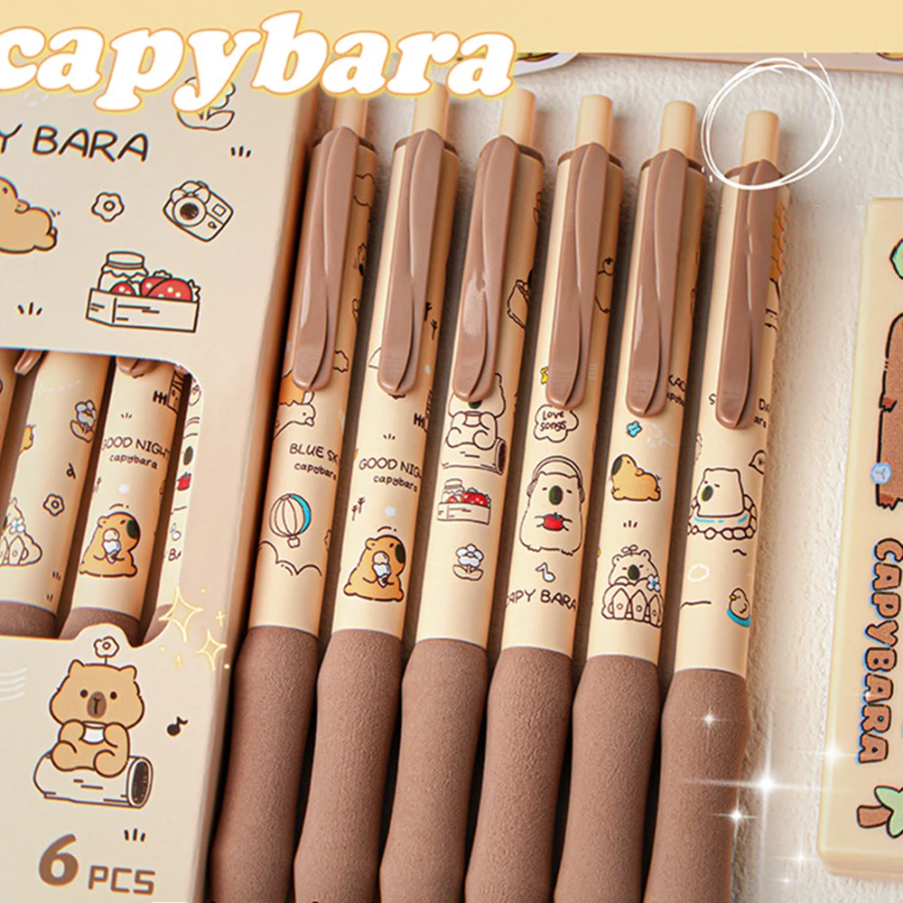 6PCS/Box ST Tip Capybara Neutral Pen Soft Cloud Grip Press Type Ballpoint Pen School Supplies Quick Drying Writing Tools Student