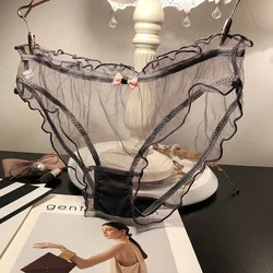 Women Sexy Transparent Panties Pink Bow Cotton Crotch Briefs Female Mesh Breathable Underwear Wave Edged Hollow Out Underpants