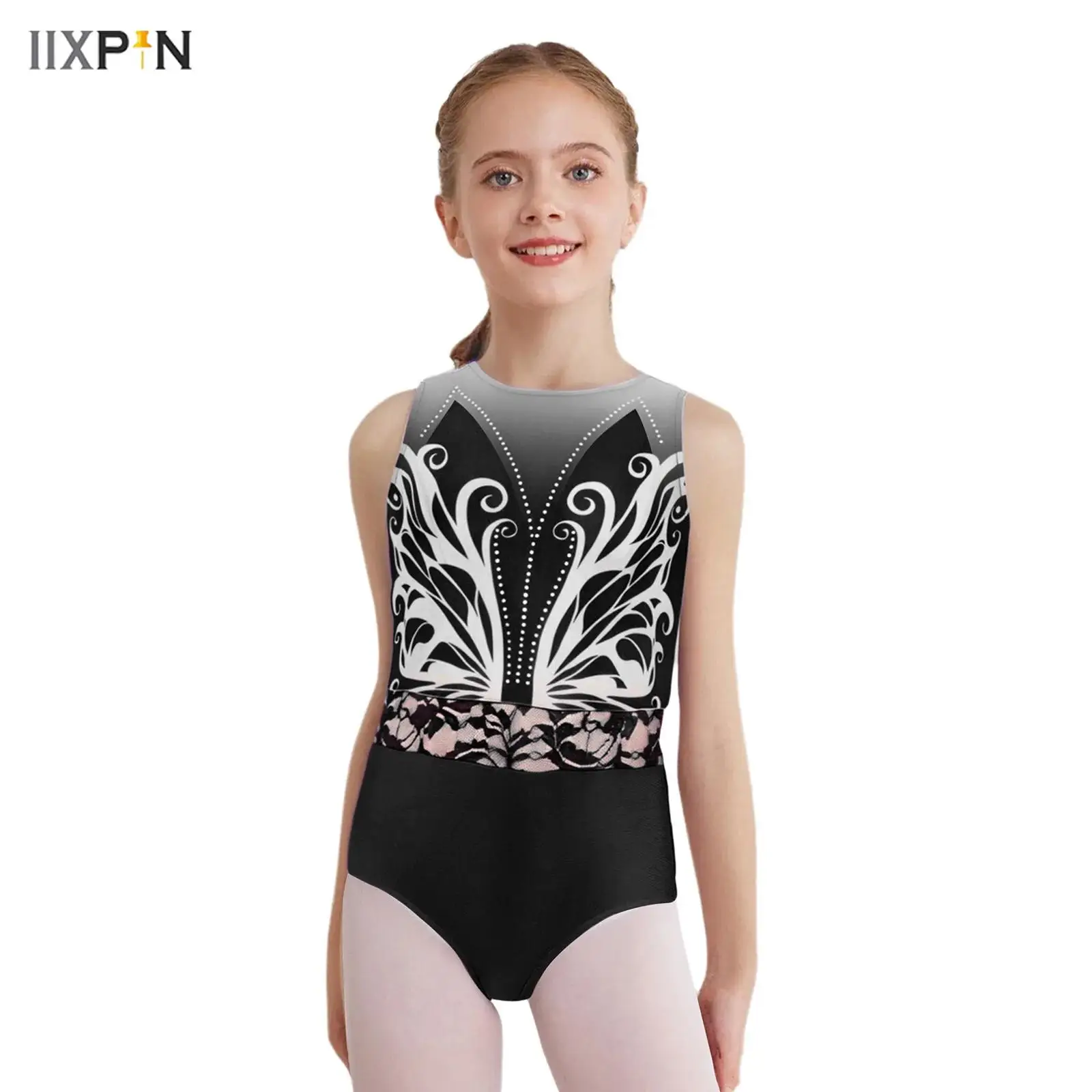 

Kids Girls Butterfly Printed Leotard Gymnastics Ballet Dancewear Sleeveless Lace Shiny Rhinestones Bodysuit for Performance