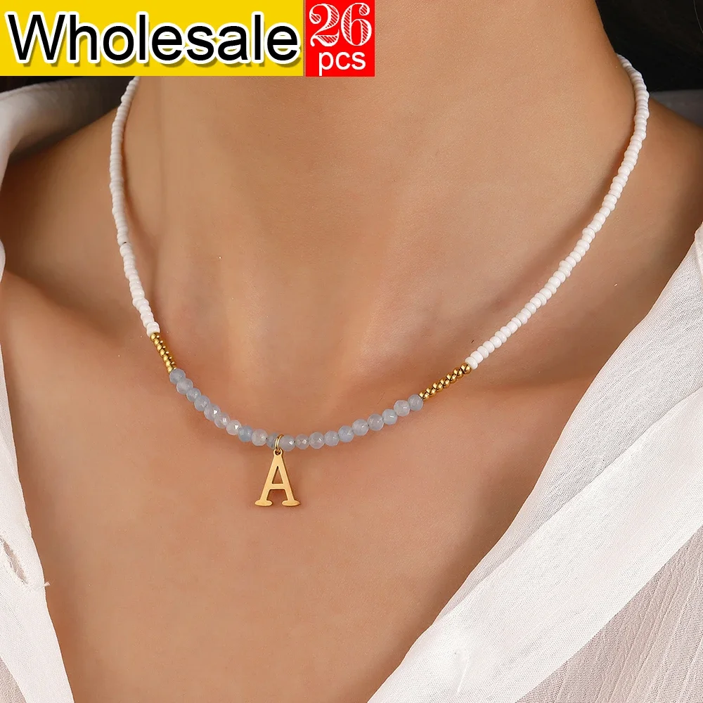 26PCS Bohemian Style Choker Stainless Steel Letter Pendant Women's White Rice Bead Blue Crystal Bead Necklace Simple Jewelry