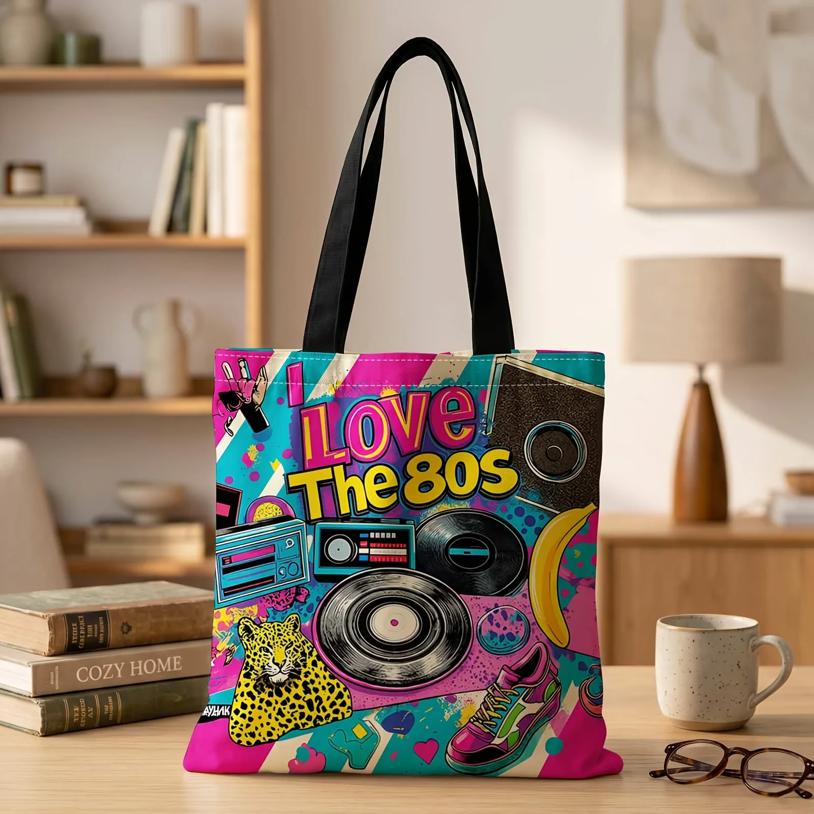 1pc 2D Printed Handbag with Love the 80s Vibes Pattern, Reusable Fashion Shoulder Bag Shopping Tote Daily Pouch 35x40cm