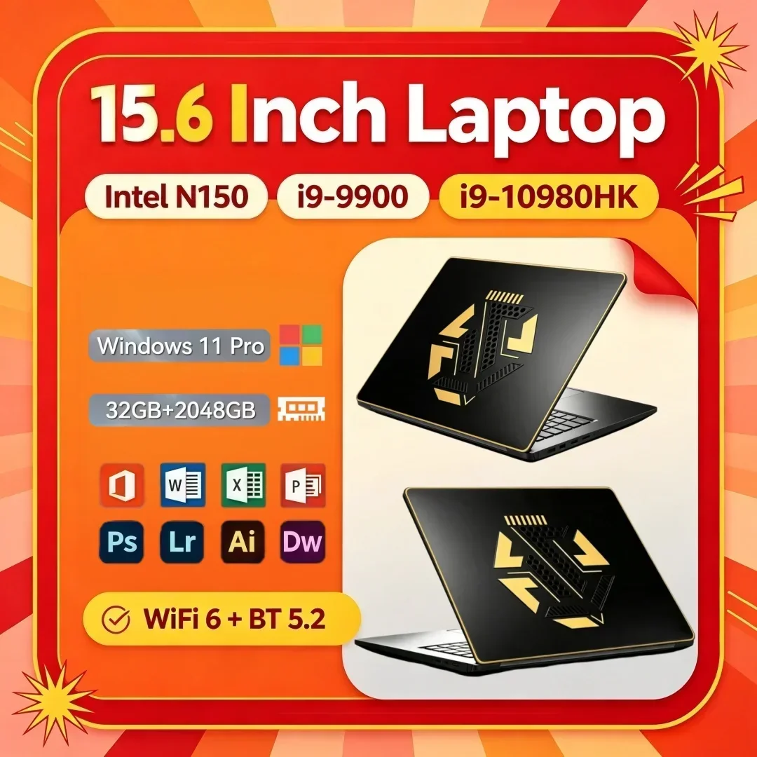 15.6 Inch Portable Slim Laptop Intel Core N150 I9‑9900 I9‑10980HK 16/32GB 2TB Windows11 Sleek Design Office