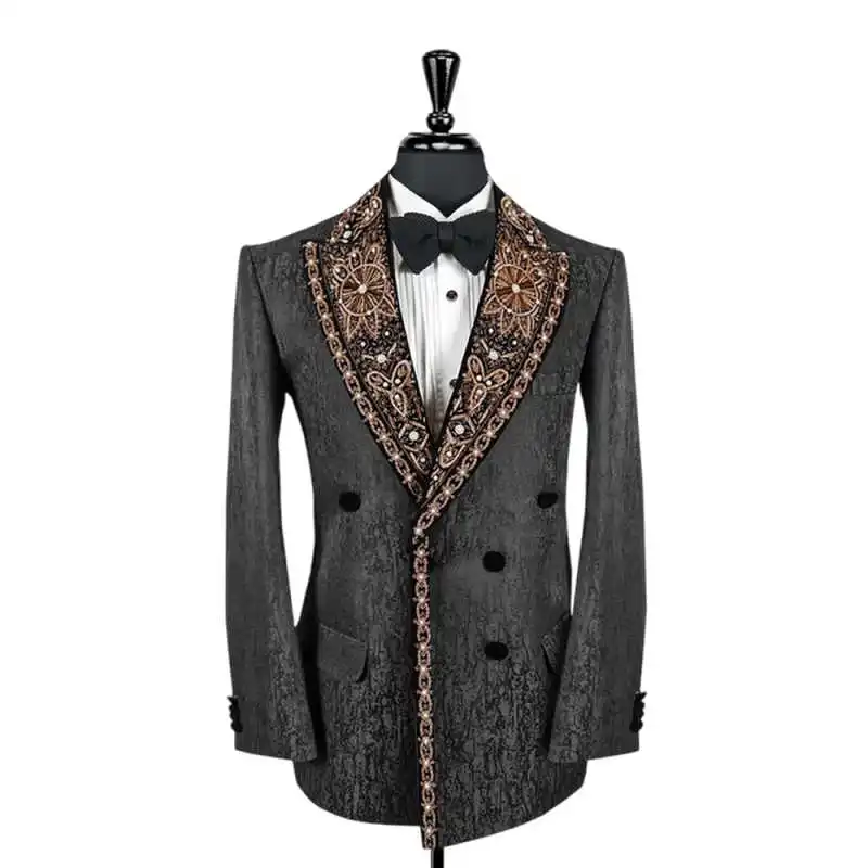 Fashion Wedding Men Suit Business Men Wear Tailor-Made Crystal Neck Tuxedo 2 Pcs Coat Pants Party Singer Groom Suits Customized