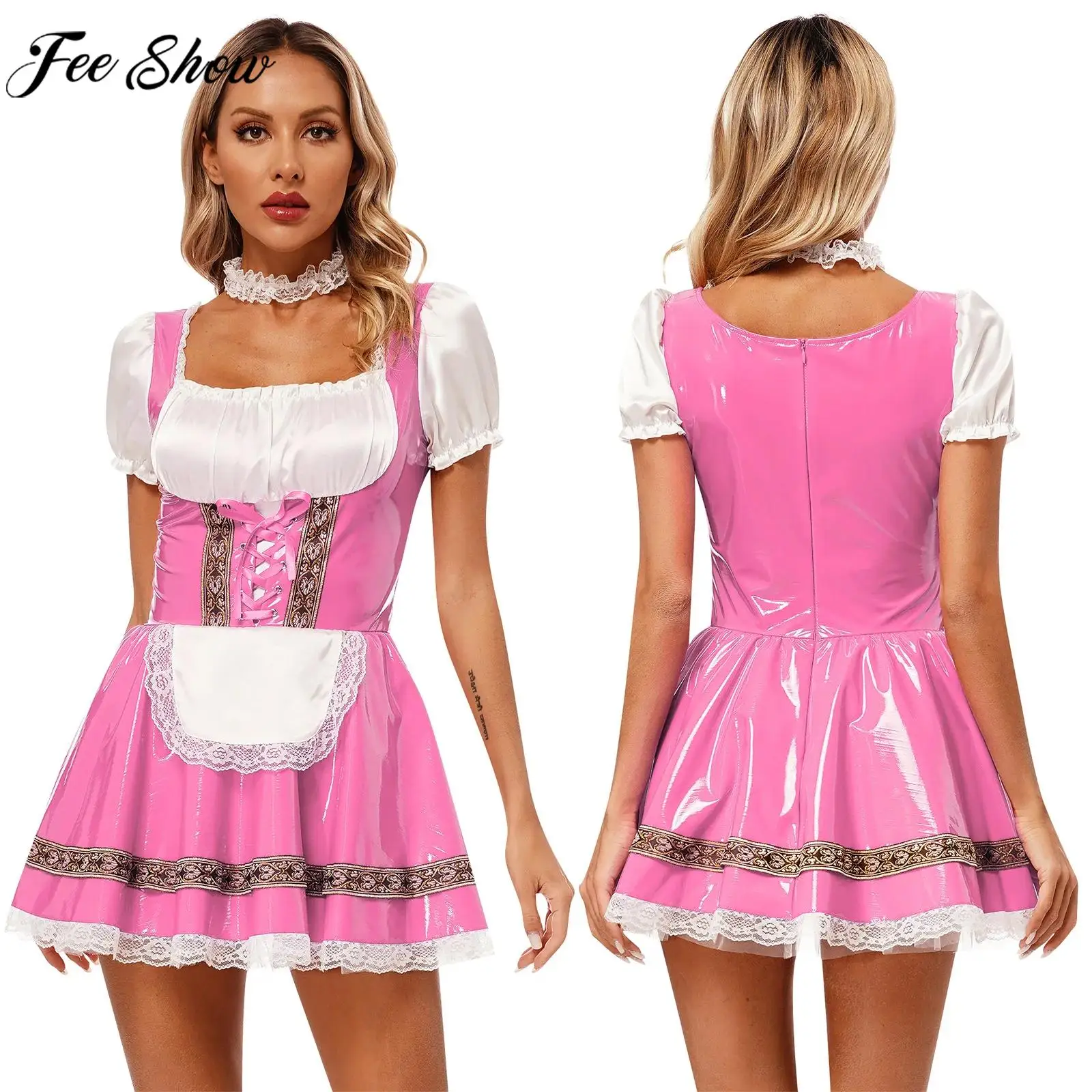 

Women Halloween Maid German Bavarian Oktoberfest Beer Cosplay Costume Glossy PU Leather Lace Trim Dress with Choker Clubwear