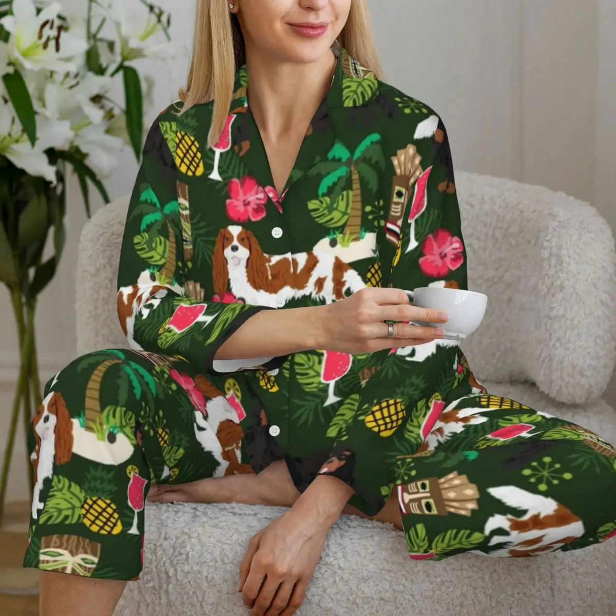 Tropical Island Vacation Pajama Sets Spaniel Dog Soft Sleepwear Women Long Sleeves Vintage Home 2 Pieces Nightwear Large Size