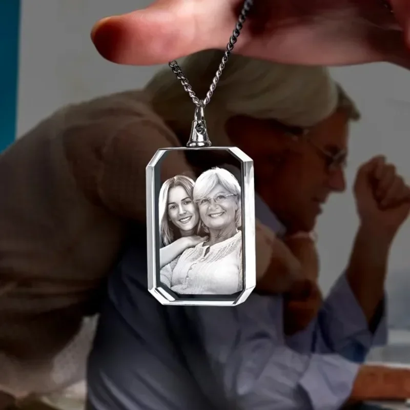 1PCS Free Customized Personalized Photo Laser Engraved 2D Crystal Necklace Graduation Birthday Gift Pet Crystal Jewelry Necklace