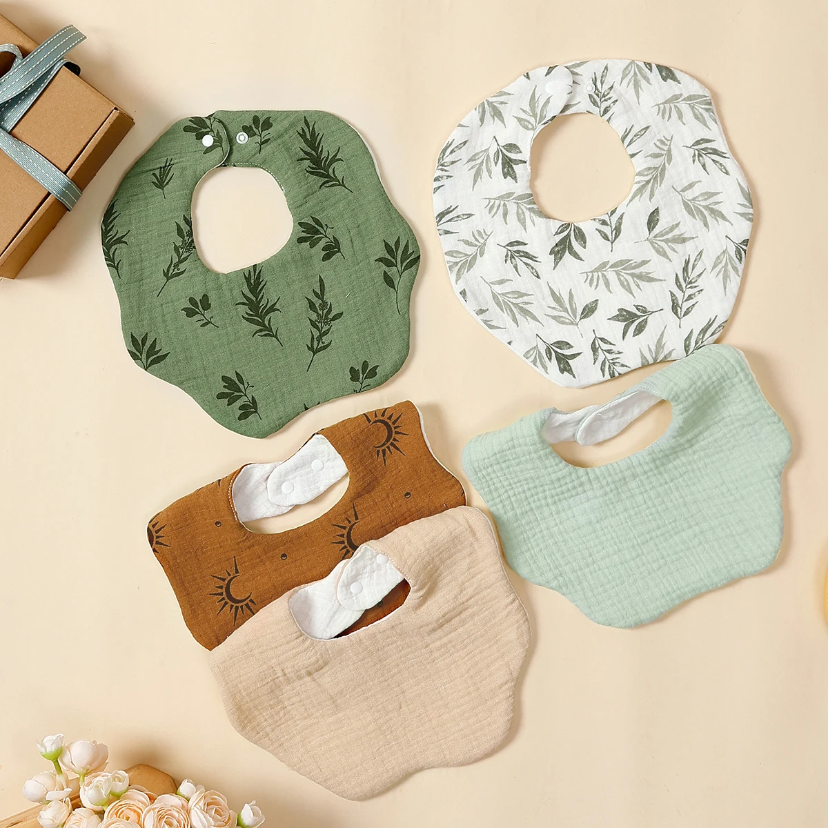 HappyFlute 5PCS 24x25cm One Piece Baby Bib 6-Layer Cotton Muslin Soft Absorbent Bandana Design Petal Shape Burp Cloth for Babies