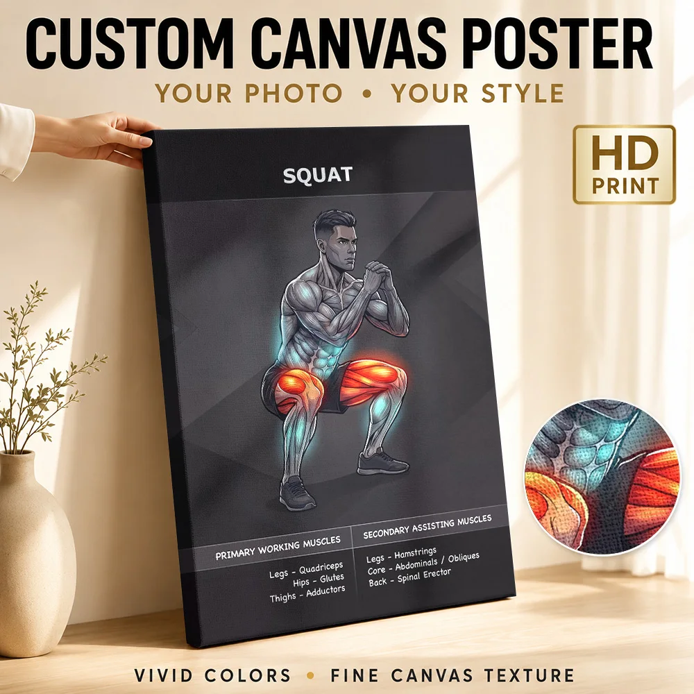 Squat Exercise Muscle Anatomy Framed Canvas Poster Personalized Sports Portrait Wall Paintings Decoration for Gym Ready to Hang