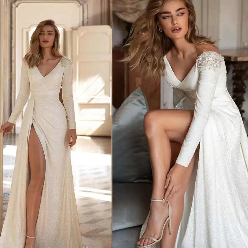 Customized Wedding Dresses Suit Beaded Backless Sparkling Bridal Gowns V Neck Long Sleeve Side Slit Vestido De Noiva Court Train