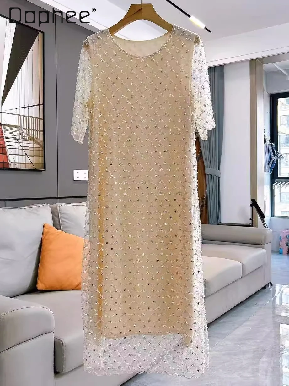 

Летнее модное темпераментное высококачественное платье с пайетками, кружевное сетчатое платье с короткими рукавами для тяжелой промышленности, свободные повседневные платья трапециевидной формы