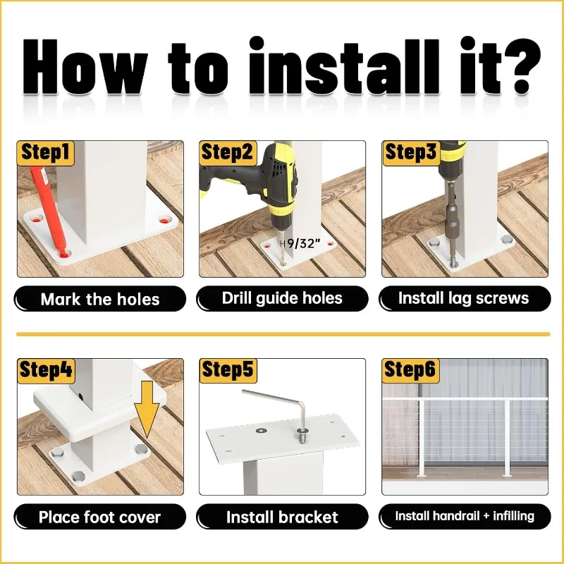 Kit de montage en surface pour poteau percé, garde-corps à câble blanc, intérieur et extérieur, guide d'utilisation papier, PS02, WH4S, 36 po x 2 po x 2 po