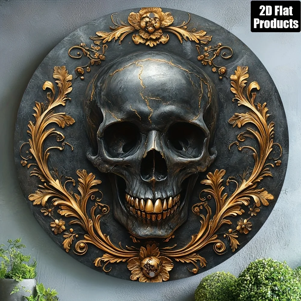 2D Flaches, Vintage-Gothic Wandmontiertes Totenkopf-Dekor - Rundes Aluminium-Metallschild Geeignet für Bar, Küche, Café, Retro-Wanddekoration für Zuhause