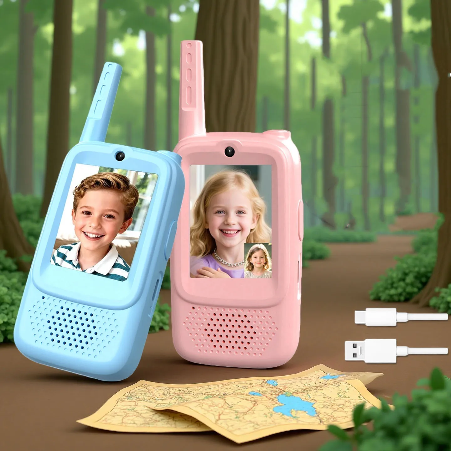 Video-walkie-talkies voor kinderen, oplaadbare walkie-talkies voor kinderen, binnen- en buitenspeelgoed voor spel, feest, kamperen, kerstcadeau