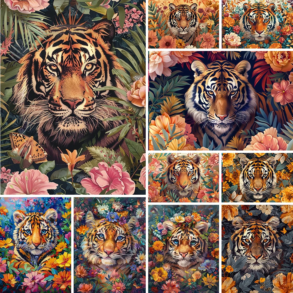 Painting By Numbers Tiger and Beautiful Flower  Acrylic Paint Canvas Dropshipping Portrait Family Children Photo Christmas gifts