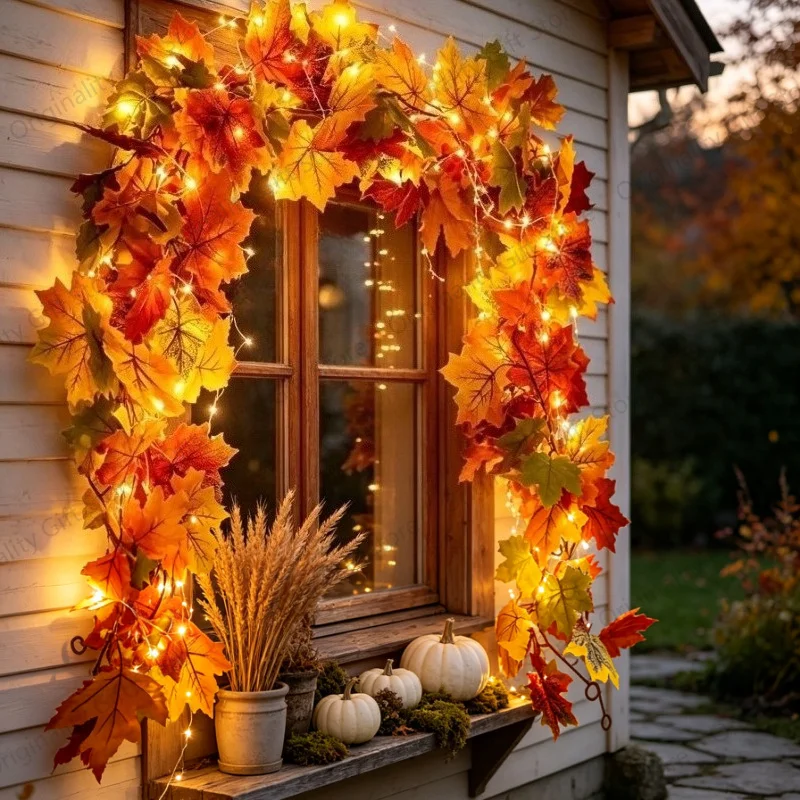 175CM Glowing Fall Maple Leaf Garland Artificial Autumn Leaves Vine Hanging Decor Faux Maple Leaf String for Home Halloween Deco
