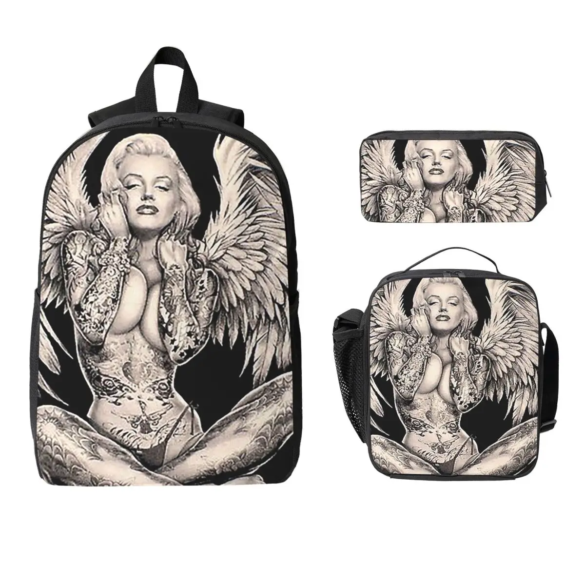 Mochila Marilyn Vintage Abstract Tattooed Angel para niños y niñas, mochila escolar, bolsos de hombro, 3 piezas, bolsa de almuerzo aislada, estuche para lápices