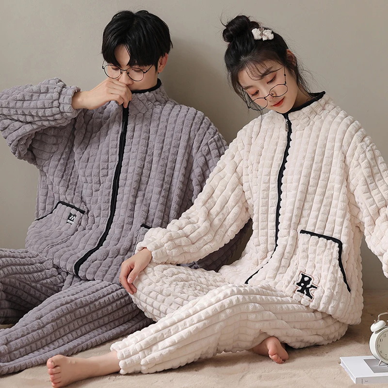 

Winter Couple Pajama Set Women Men Warm Sleepwear Warm Flannel Pyjamas