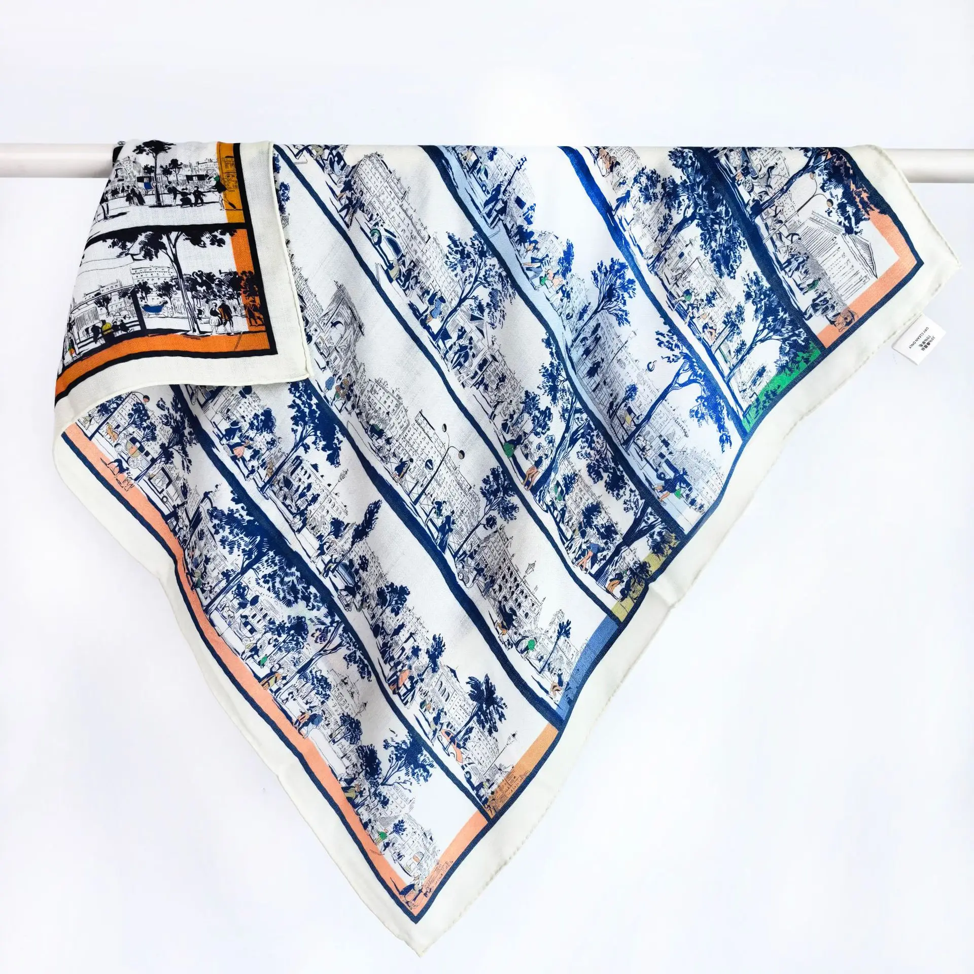 Women's 70% Wool 30% Silk Square Scarf Paris City Street Print Bandana Colorful Rainbow Border Neck Scarf Head Wrap