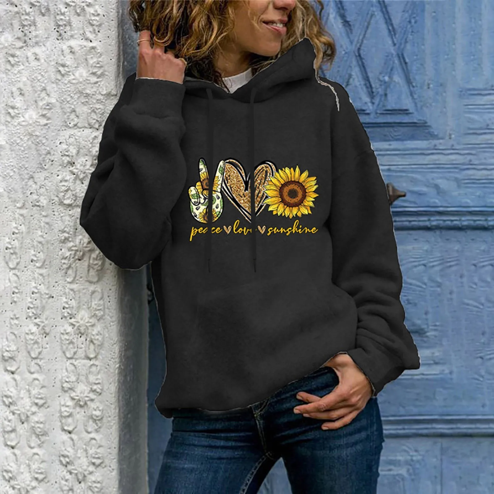 Women Sunflower Print Valentine Oversized Hoodie Spring Autumn Loose Hooded Pockets Sweatshirt Hip Hop Female Pullover Hoodies