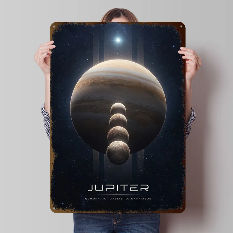 Jupiter and Its Moons Printed Poster Customized Retro Wall Art Vintage Metal Tin Signs for Home Decorations Office Decor Room