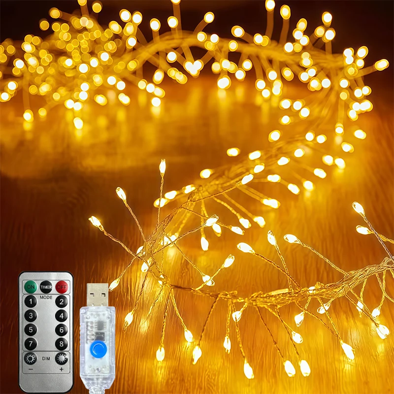 USB Remote Firecracker LED String Light Warm White 1.5M50LED-6M200LED 8 Modes Flashing Wave Steady for Holiday Room Decor Light