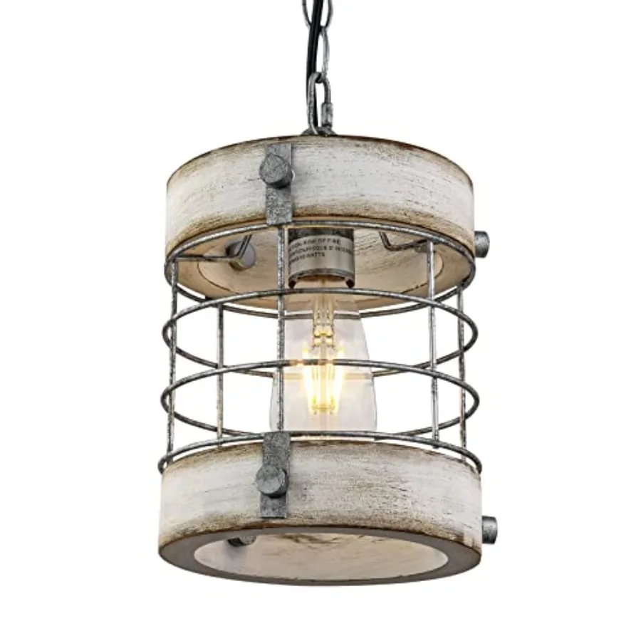 

Retro Industrial Metal and Wood Chandelier 1-Light Round Cage Pendant Light Fixture for Kitchen Island Foyer Hallway Bar Dining