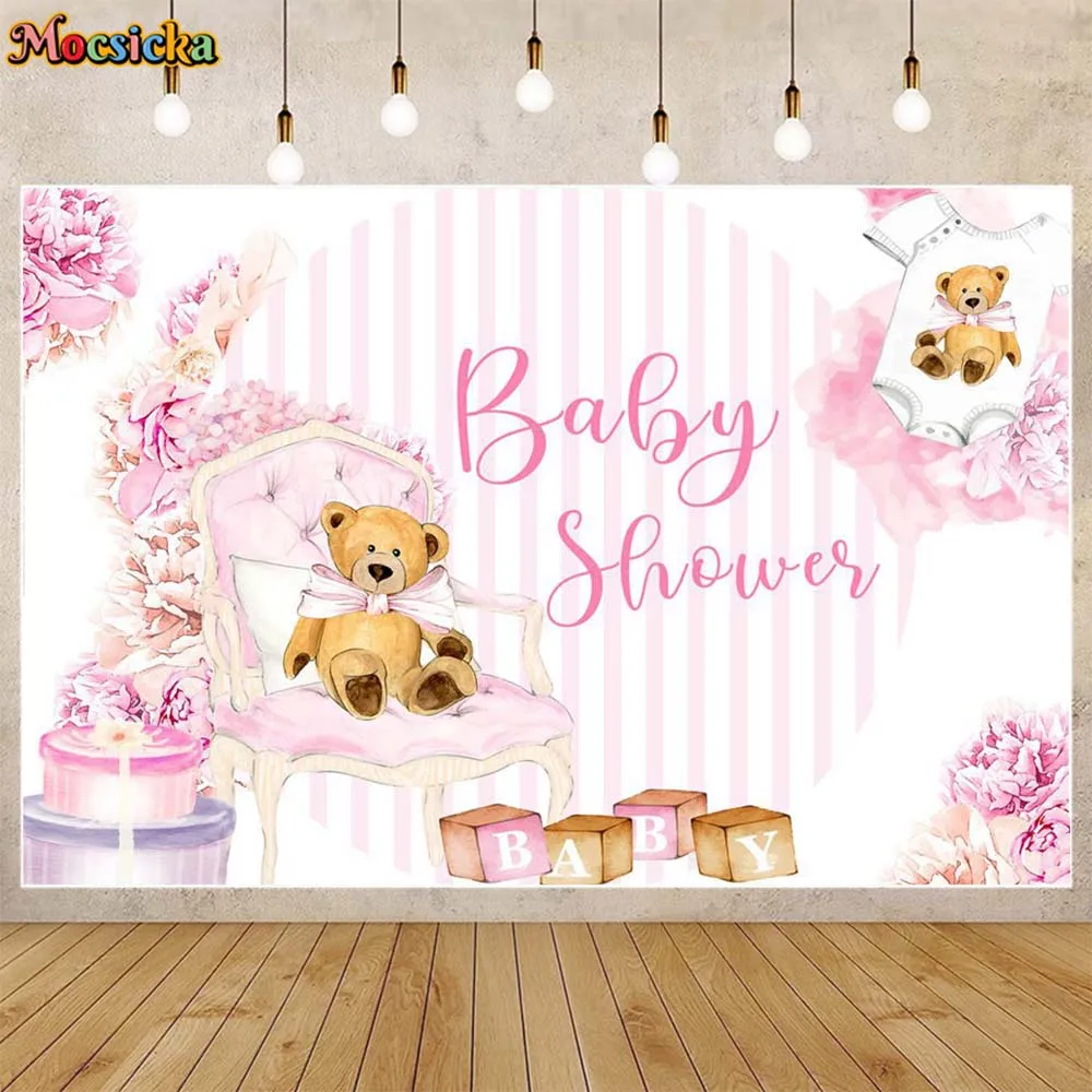 Mocsicka Brown Little Bear Newborn Baby Shower Photography Backdrops Blue Pink Floral Birthday Cake Smash Photo Background Props