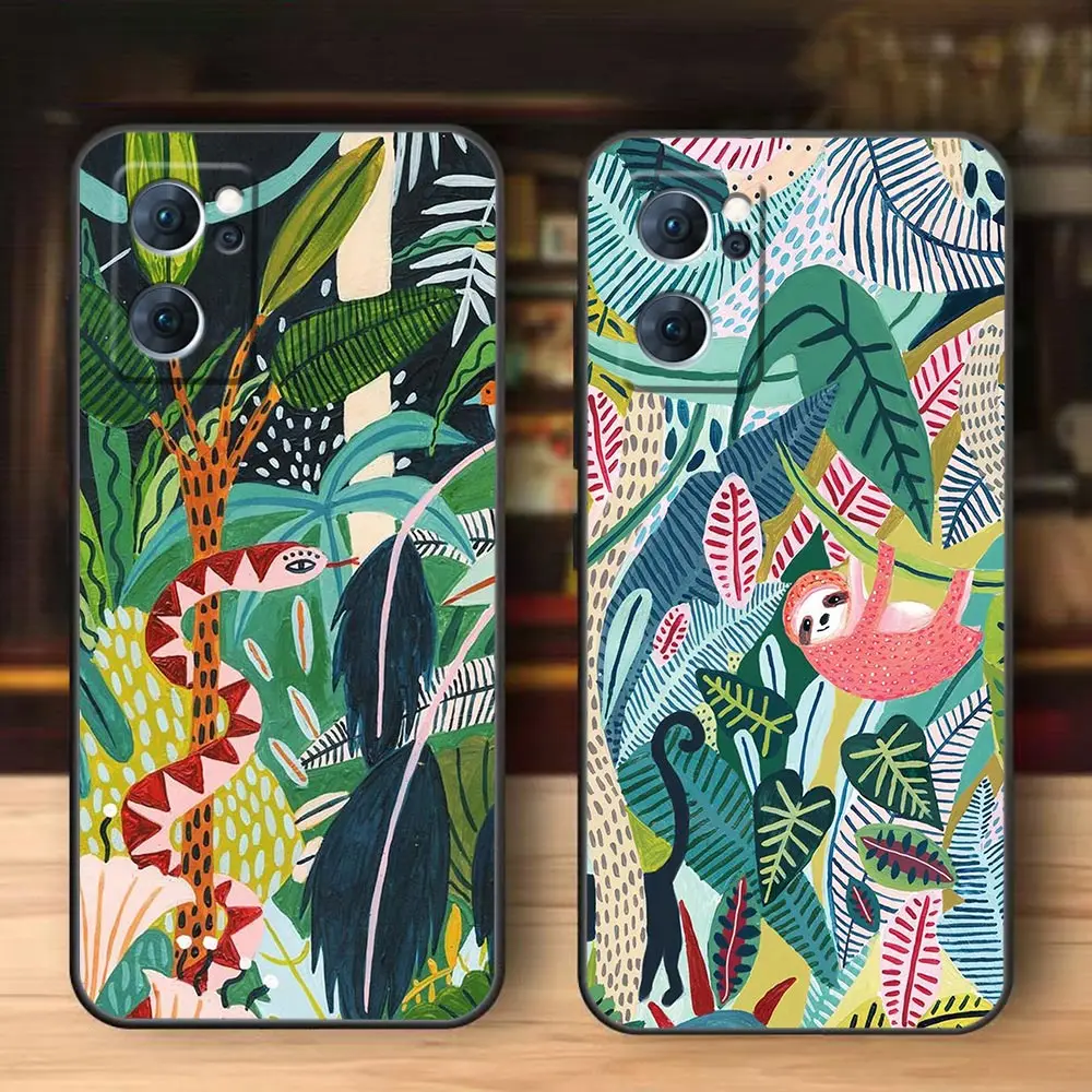 Art Cartoon Anime Sloth Leopard Phone Case For OPPO Reno 10 8 8T 7 7Z 6 5 5F 4 FIND X5 X3 X2 Pro Plus Lite 5G Black Soft Cover